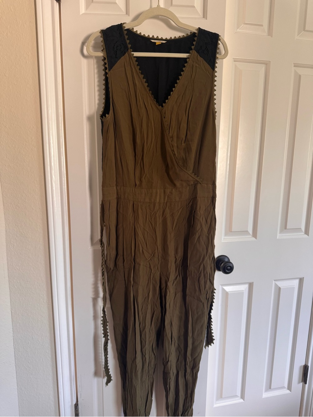 leifsdottir Olive Green One-Shoulder Jumpsuit with Black Trim